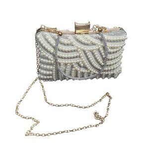 New | Pearl & Rhinestone Embellished Evening Clutch | Gold Frame | 2-Way Chain |